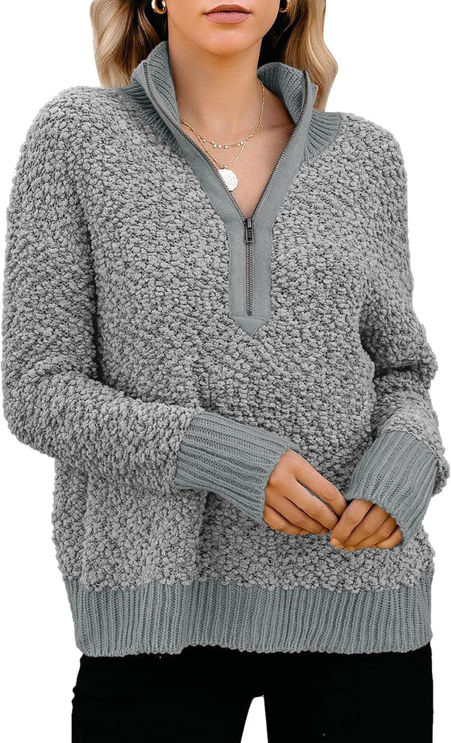 GRAPENT Women’s Casual Fuzzy Half Zip Long Sleeve Pullover Jumper Knit Sweater Top