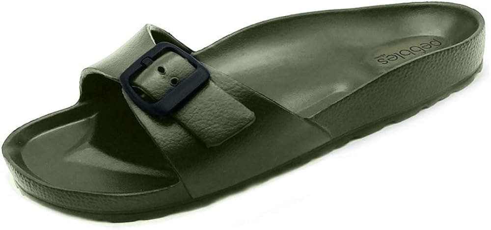 PEBBLES SHOES Women's Open Toe Waterproof Slip-on Flat Slide Sandals w/Adjustable Buckle Strap | EVA Material and Odor Resistant Footbed w/Arch Support | Flexible and Lightweight Synthetic Midsole