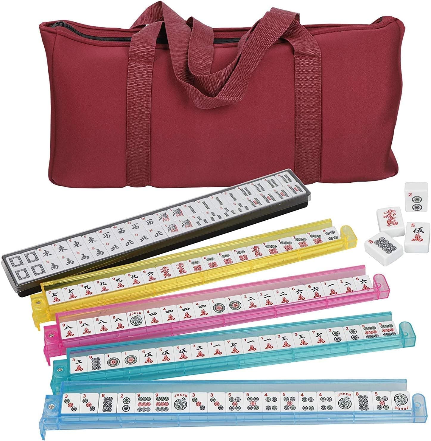 Saturnpower American Mah Jongg Mahjong Set ，166 Tiles, 4 Colors All-in-One Rack/Pushers, Red Soft Bag and Accessories，Classic Full Size Complete Mahjongg Mah Jong Set Family Party Table Game