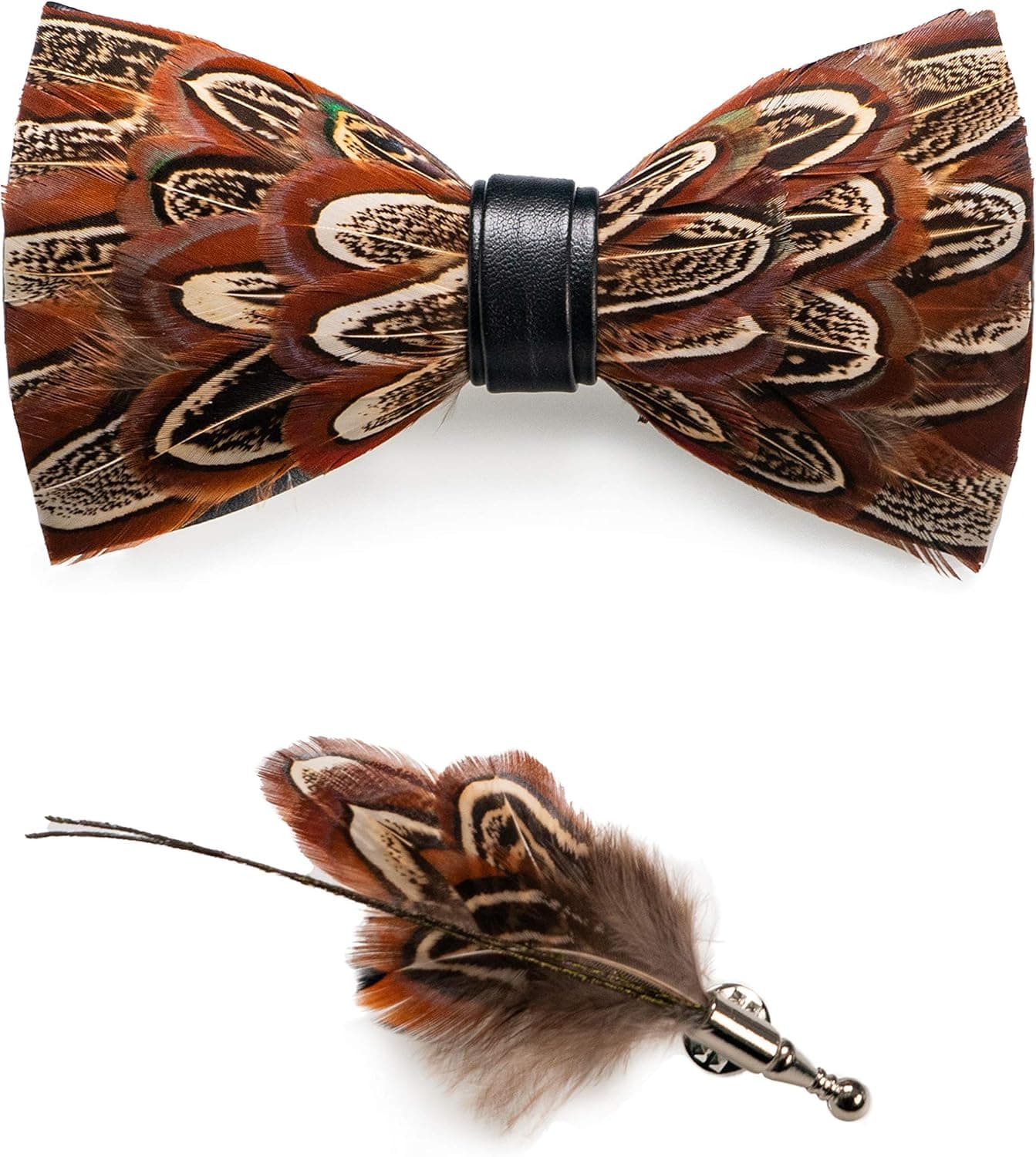 RBOCOTT Mens Handmade Feather Pre-tied Bow tie and Brooch Sets