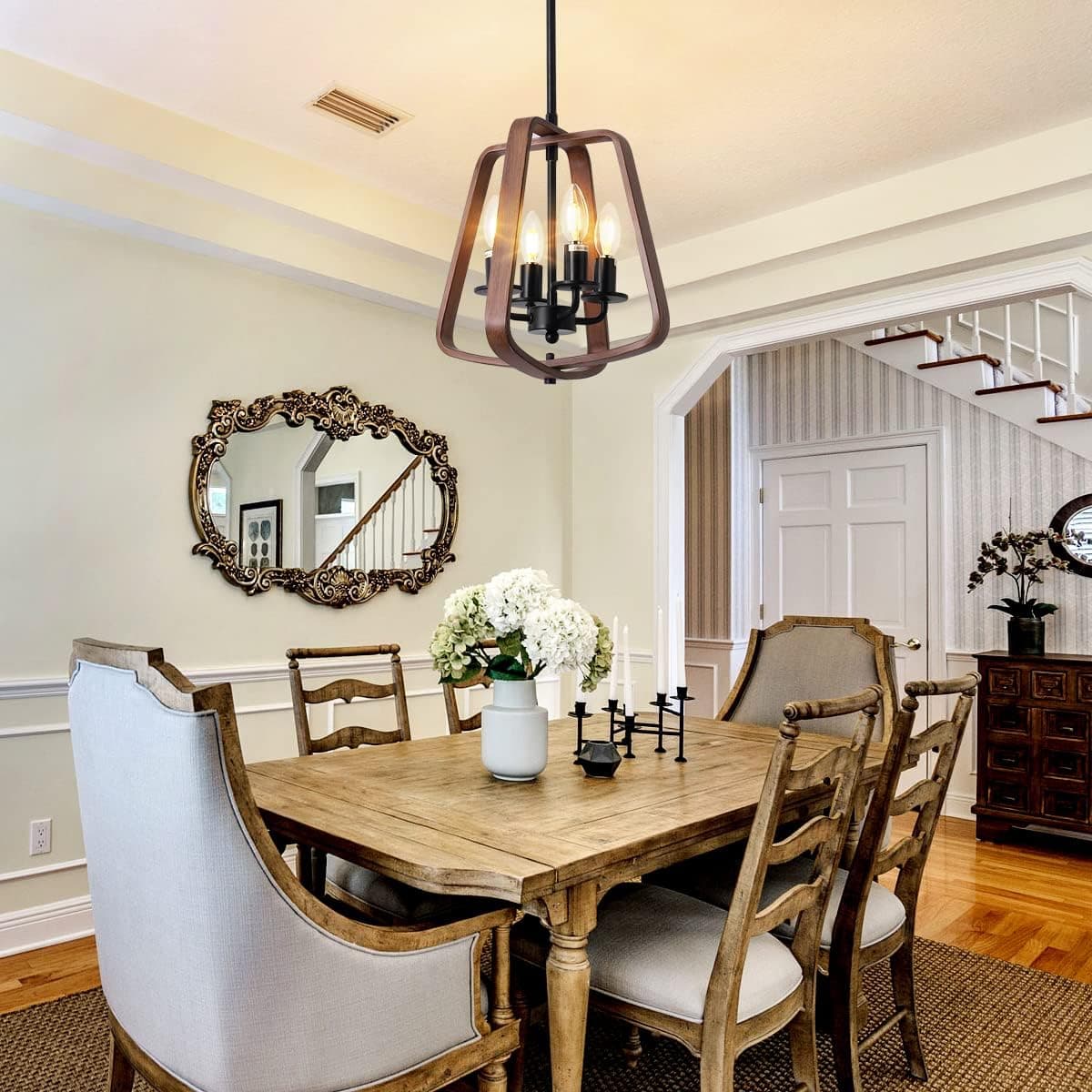 4-Lights Farmhouse Chandelier Rustic Pendant Light Wood Metal Farmhouse Dining Room Light, Kitchen Island Pendant Light with Oil Rubbed Bronze Finish, Adjustable Height