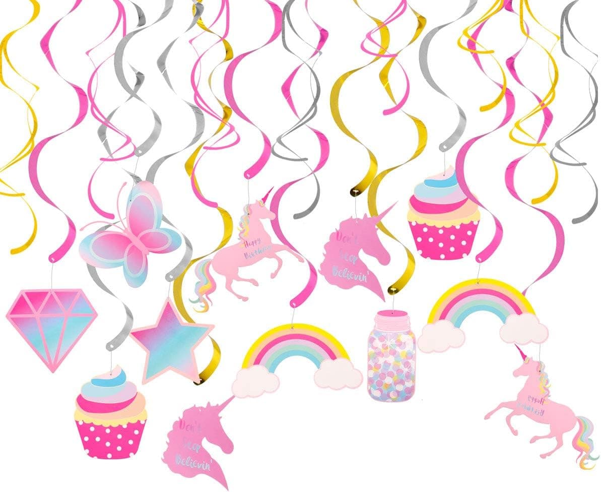 Unicorn Party Decorations 30 Hanging Swirl - Rainbow Unicorn Birthday Party Supplies by HuiRan