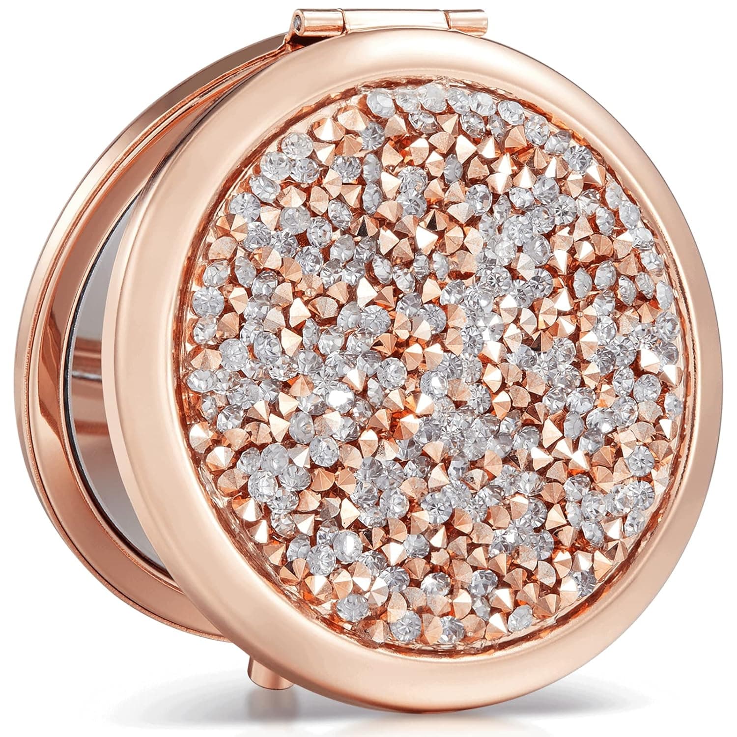 OMIRO 1X/10X Magnifying Compact Mirror, Mini Mix Diamond Metal Pocket Makeup Mirror (Rose Gold)