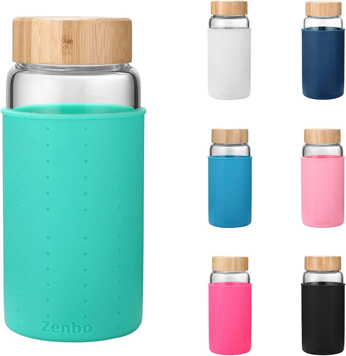 Zenbo Glass Water Bottle with Silicone Protective Sleeve 32oz 26oz or 21oz 100% Borosilicate Glass BPA-Free The Silicon Sleeve is Supper Easy to take Off and Put Back on