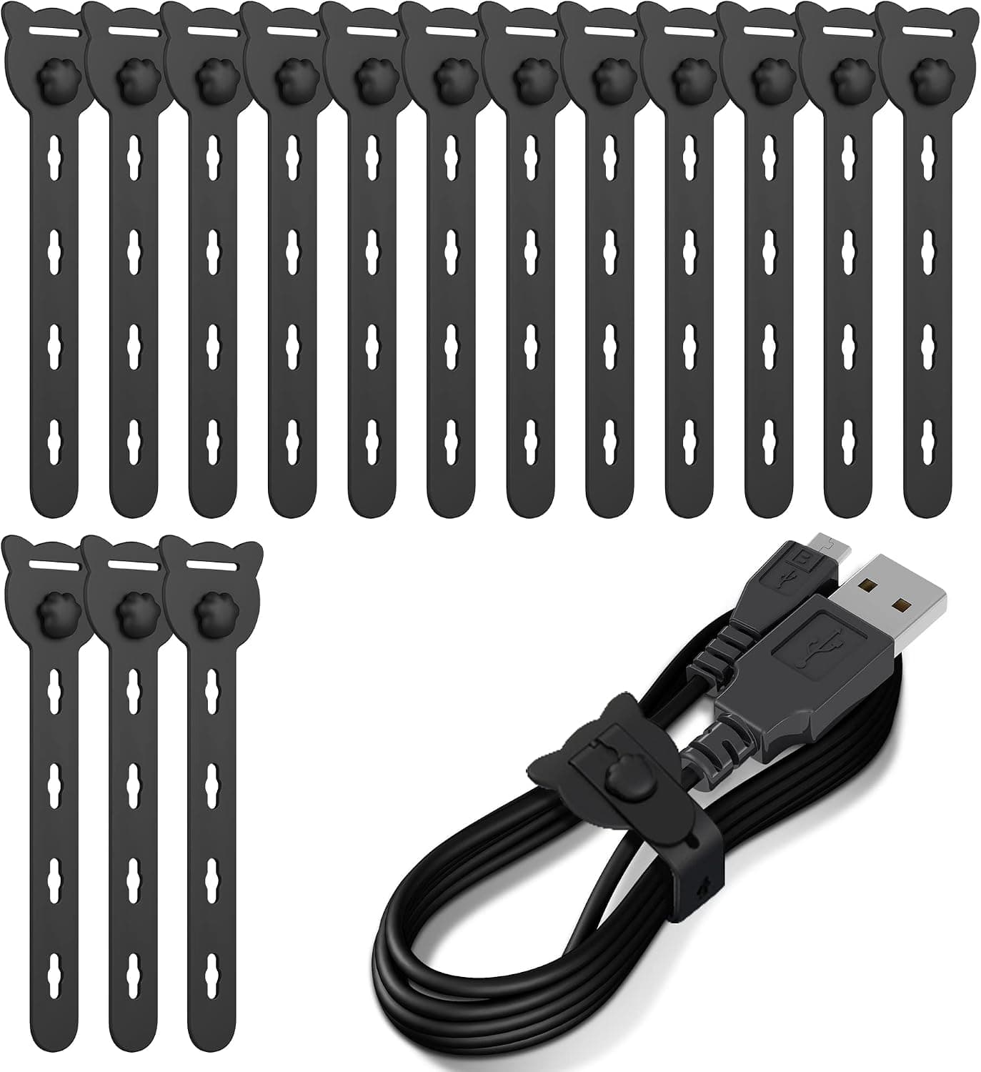Nearockle 15Pcs Silicone Cable Straps, 5 Inch Reusable Cable Ties Cord Organizer for Bundling and Fastening, Electronics Accessories Cable Management in Home, Office, Closet, Desk (Black)