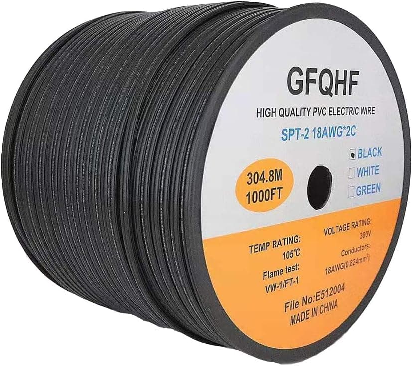 GFQHF UL Listed 1000FT SPT-2 Electrical Wire,18/2 Zip Cord Wire,Work with SPT-2 Vampire Plug (1000, SPT-2 Black)