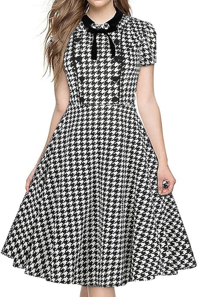RANPHEE Womens Elegant 1950's Rockabilly Plaid Wear to Work Vintage Swing Dress
