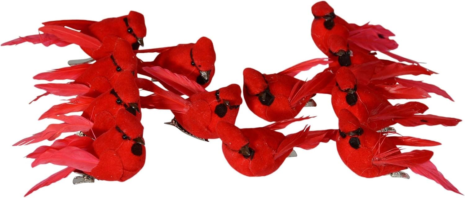 TenWaterloo Mini Cardinal Set of 12 Mini Red Cardinal Birds with Clips - Red Cardinal Bird Christmas Ornaments 2.25 Inches x 1.25 inches