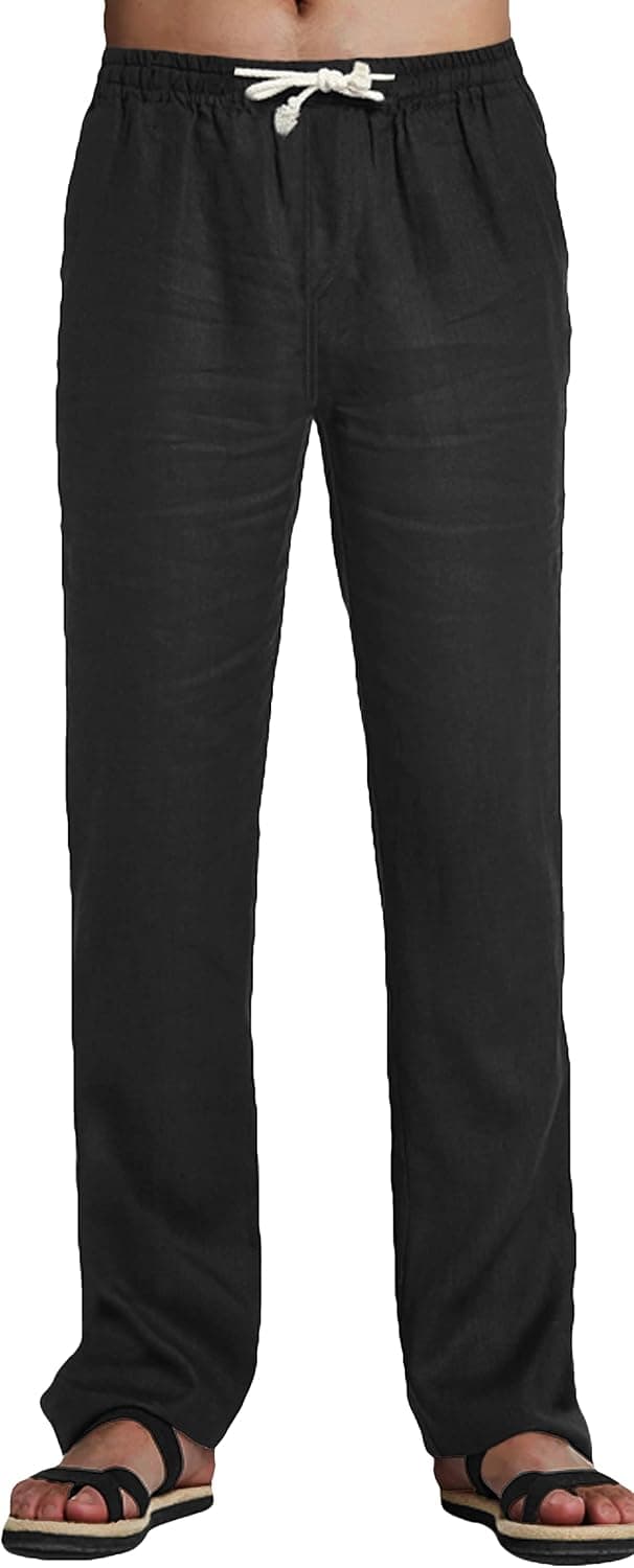 Youhan Men's Fitted Elastic Waistband Cotton Linen Pants with Drawstring