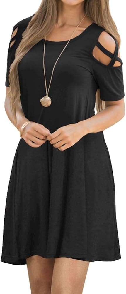 EZBELLE Women's Short Sleeve Cold Shoulder Dresses with Pockets Summer Loose Strappy T Shirt Swing Dress Black 2X-Large