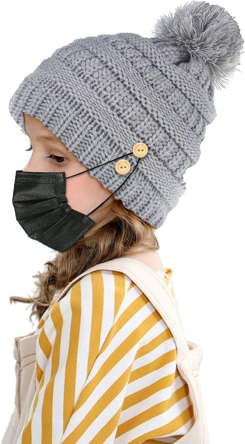 LUCKYBUNNY Boys Girls Winter Hat with Buttons for Face Cover Holder, Fleece Lined Warm Pom Pom Cap Knit Beanie
