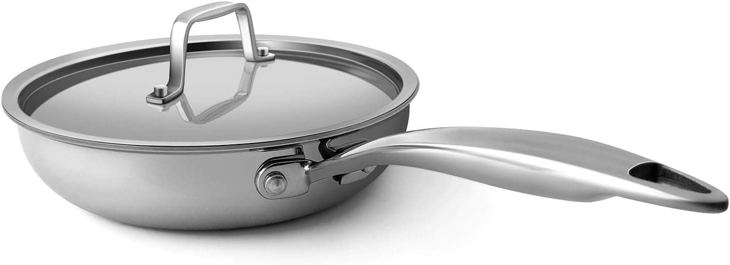 Fortune Candy 8-Inch Fry Pan with Lid, 3-ply Skillet, 18/8 Stainless Steel, Dishwasher Safe, Induction Ready, Silver (Mirror Finish)