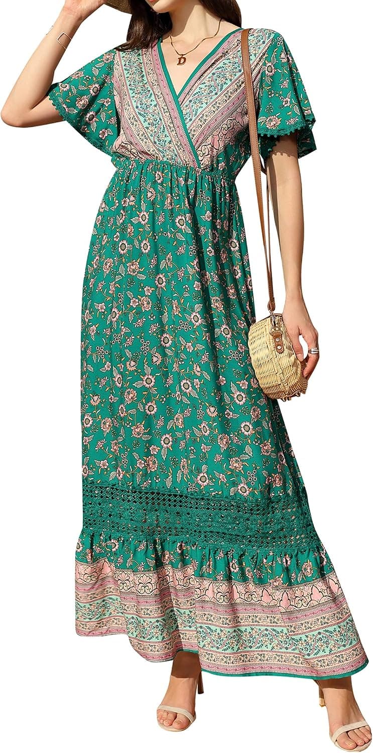 KOJOOIN Women's Summer Boho Floral Short Sleeve Dress V Neck High Waist Flowy Lace Dress Ruffle Beach Bohemian Maxi Dress