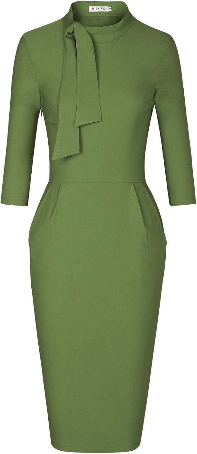MUXXN Women's 1950s Classic Vintage Tie Neck Formal Cocktail Dress with Pocket