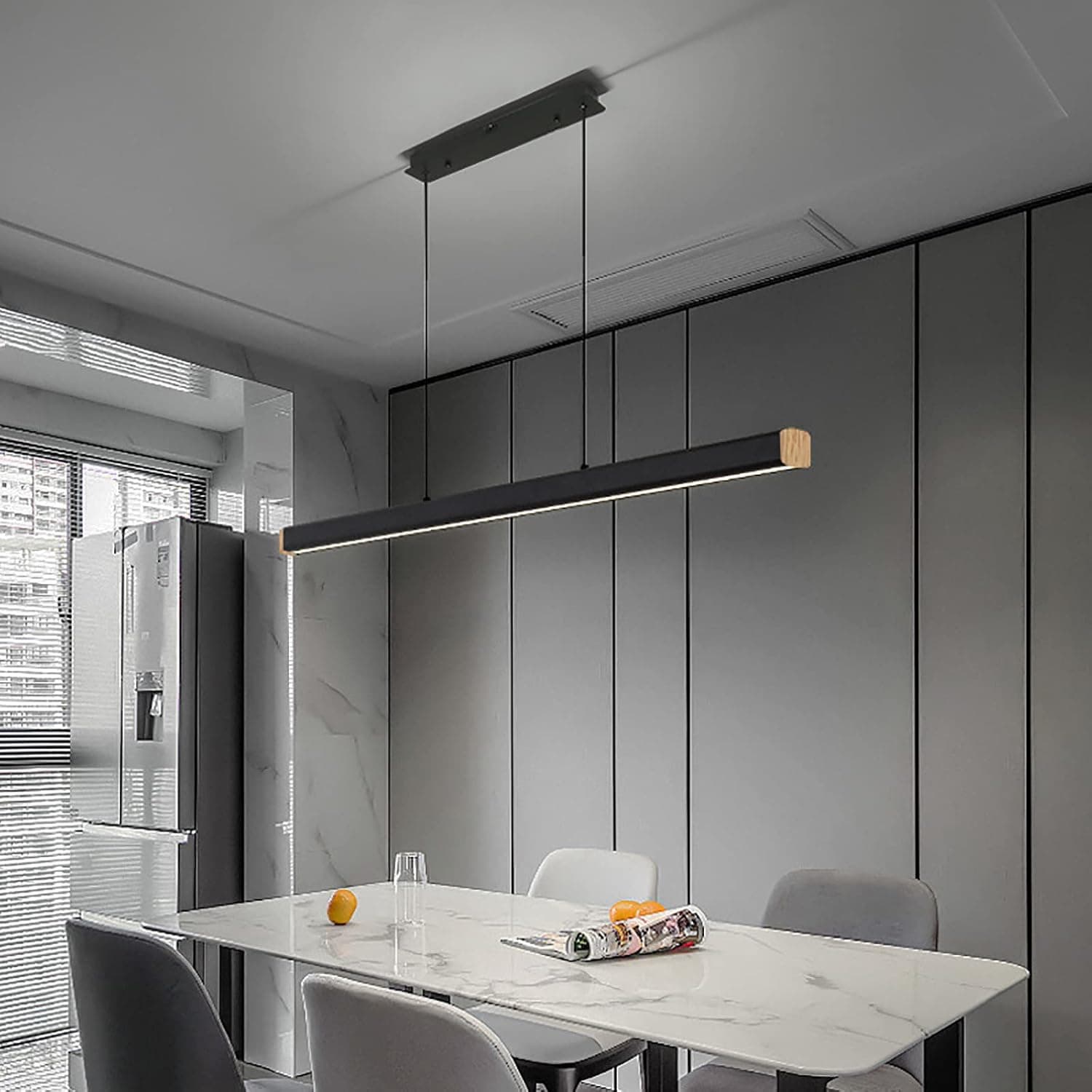 TBHOME Modern Dimmable Linear LED Chandelier for Kitchen Island,Contemporary LED Pendant Lighting Island Lights,Hanging Light Fixture for Dining Room Living-Black 62x6cm(24x2inch)