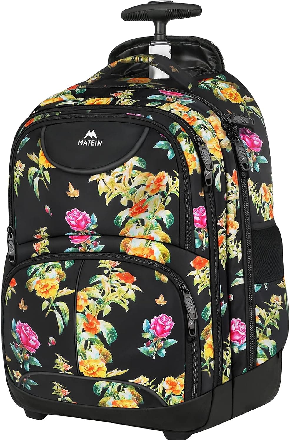 MATEIN Backpack with Wheels, Travel-friendly Rolling Laptop Backpack for Men Women, Freewheel Carry on Luggage Business bag, Compact College Trolley Suitcase Computer Bag fit 17 inch Notebook, Floral