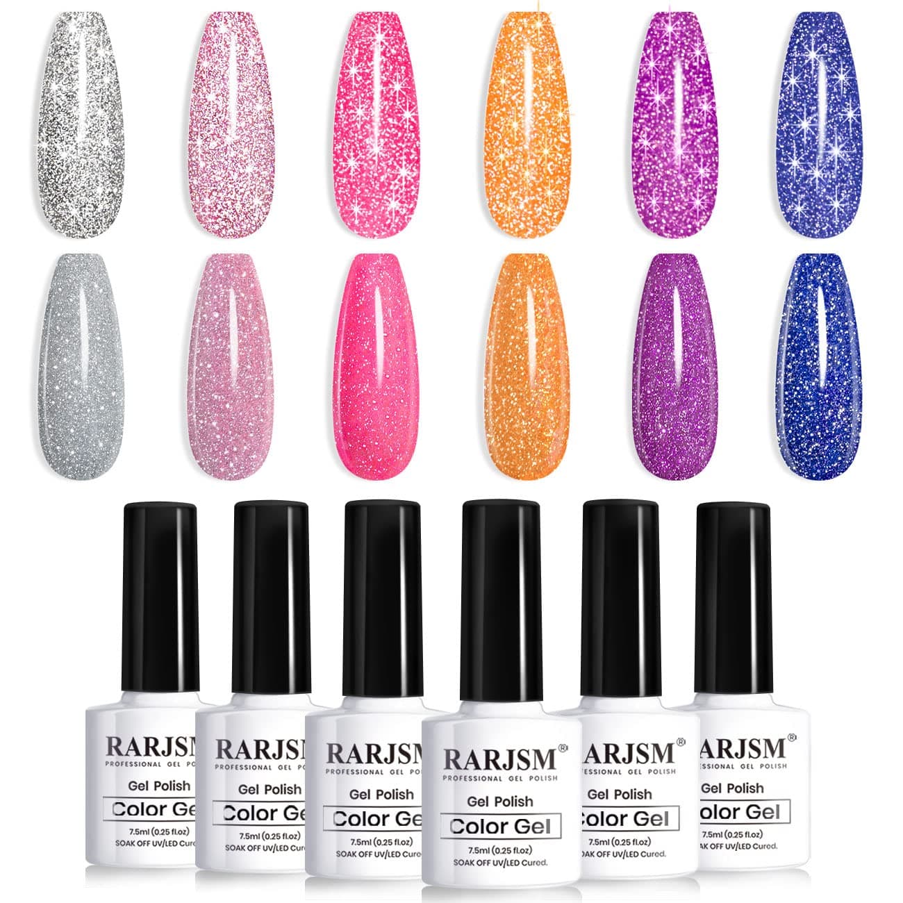 RARJSM Reflective Glitter Gel Nail Polish Set of 6 Colors,Neon Pink Sparkle Orange Purple Blue Silver Shimmer Pigments Glitter Flash Disco Effect Nail Gel Polish 7.5ml UV LED Curing for Home Salon