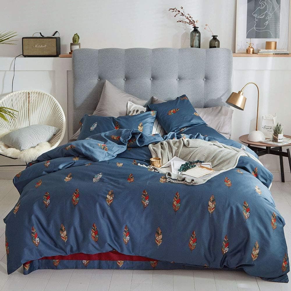 MKXI Home Duvet Cover Set Button Cloure Vintage Print Quilt Cover Set Blue Queen Bohemian Leaves Floral Pattern Reversible Cotton Luxury Bedding Collection