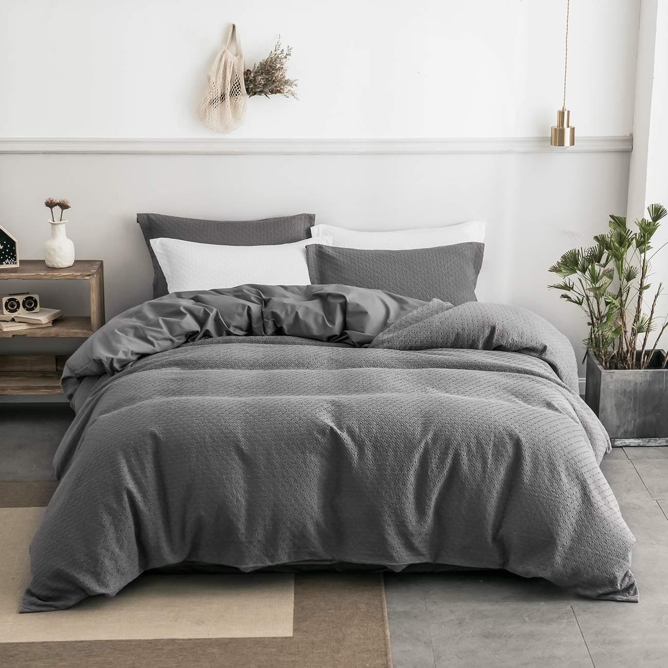 PHF 100% Cotton Waffle Weave Duvet Cover Set Soft Cozy Breathable for Winter Queen Size Grey
