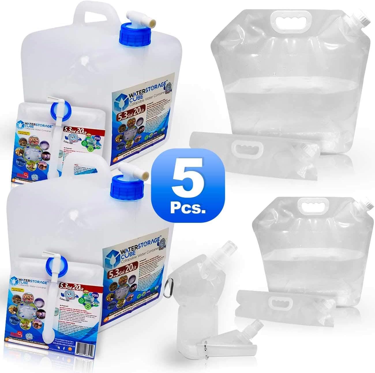 WaterStorageCube Collapsible Water Containers, No BPA Odorless Camping Drink Storage Carrier Bag & Jug for Outdoors Hiking Backpack, Portable, No-Leak Freezable (2 Cube 20L, 2 Bag 5L+10L, 1 Btl 25oz)