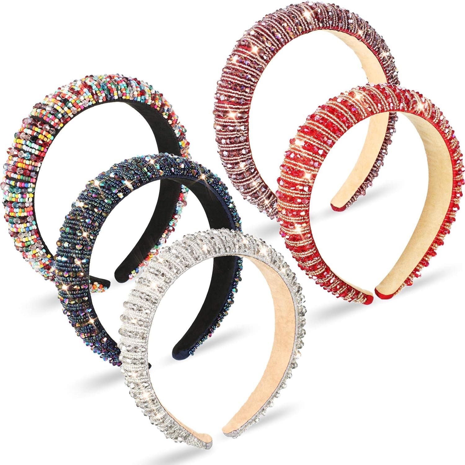 5 Pieces Valentine's Day Rhinestone Padded Headband Crystal Beaded Glitter Hairband Wide Edge Bejewelled Headwear Baroque Rhinestone Embellished Headpiece Wedding Hair Accessory (Various Color)