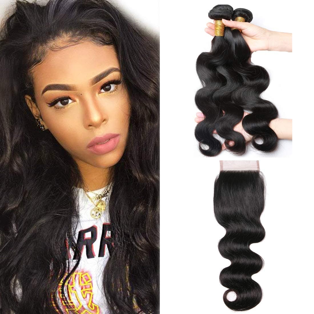 A ALIMICE Brazilian Body Wave Bundles With 4x4 Lace Closure with Body Wave 3 bundles Virgin Human Hair Bundles Natural Color (24 26 28 + 20 closure)
