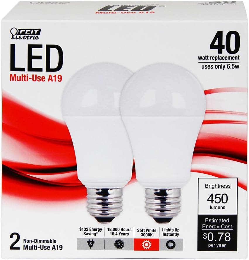 Feit A450/830/LED/2 A19 General Purpose 40-watt LED Light, Soft White, 2-Pack