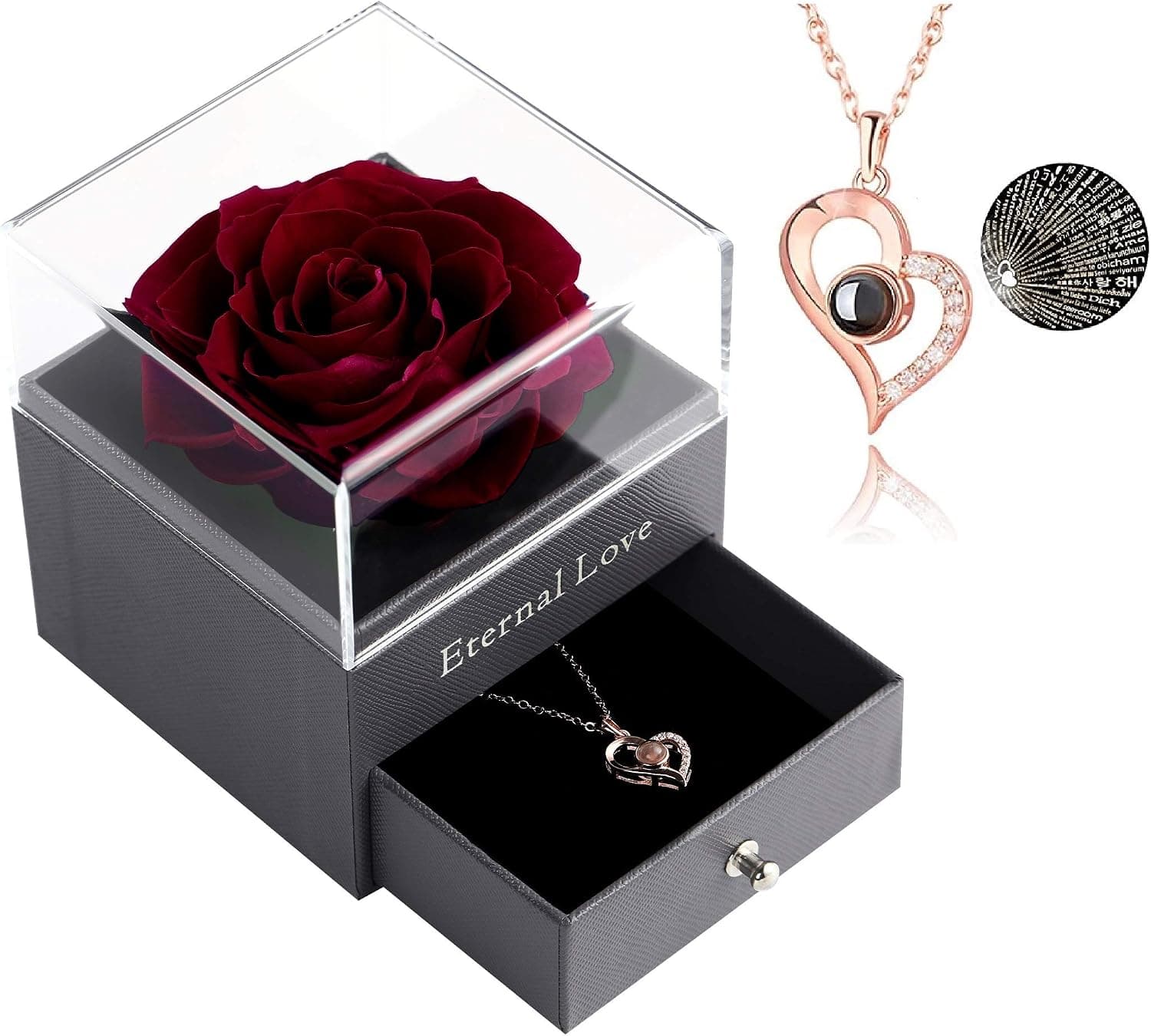 Preserved Wine Red Rose Drawer with Special Heart Necklace, Handmade Fresh Rose Gift for Her on Birthday,Christmas,Mother's Day,Valentine's Day (Wine Red Rose)