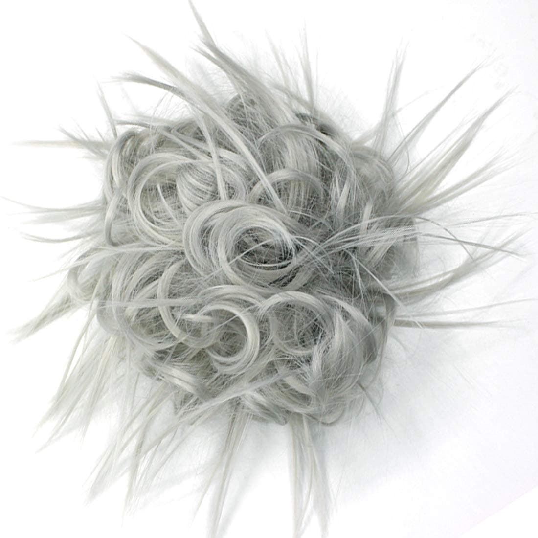Tousled Hair Bun Extension Messy Bun Hair Piece Scrunchy Bun Hair Curly Wavy Rubber Band Elastic Scrunchie Ponytail Hair Accessories (Silver Grey)