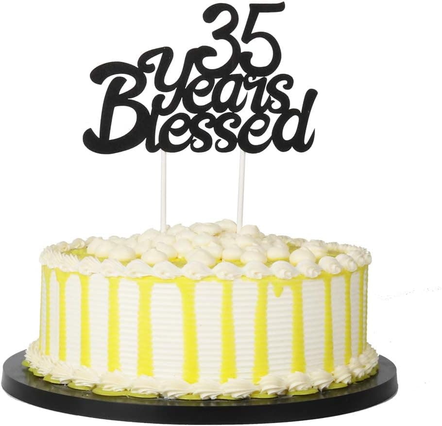 PALASASA Black Single Sided Glitter 35 Years Blessed Cake Topper - Happy 35th Birthday - Wedding Anniversary Party Decorations (35th) Black