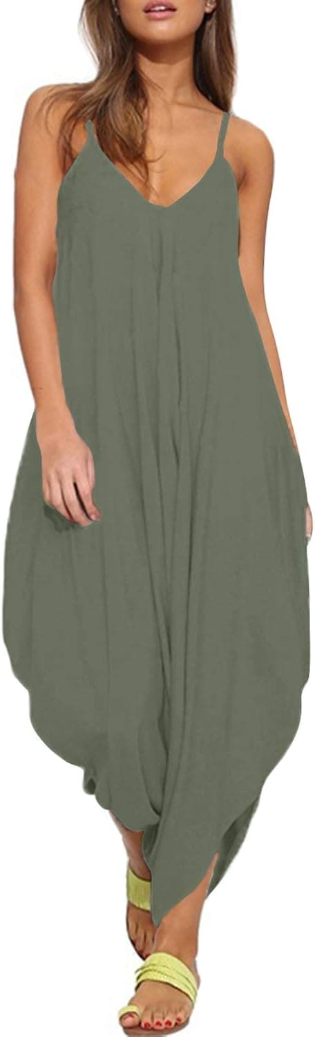 Auxo Women Jumper Harem Jumpsuit V Neck Summer Romper One Piece Jumpsuit Playsuit Green X-Large