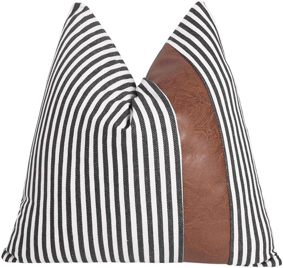 BOYSUM Ticking Striped Throw Pillows Cover for Couch Bed Stripe Faux Leather Accent Pillow Case Farmhouse Pillow Covers 20x20 Inches(Black)