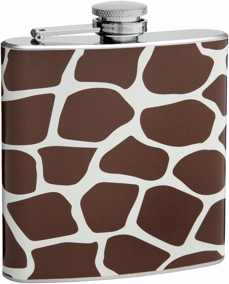 Hip Flask Holding 6 oz - Giraffe Pattern Design - Pocket Size, Stainless Steel, Leak Proof, Screw-On Cap - Brown and White Wrapped Vinyl Finish Perfect for Engraving