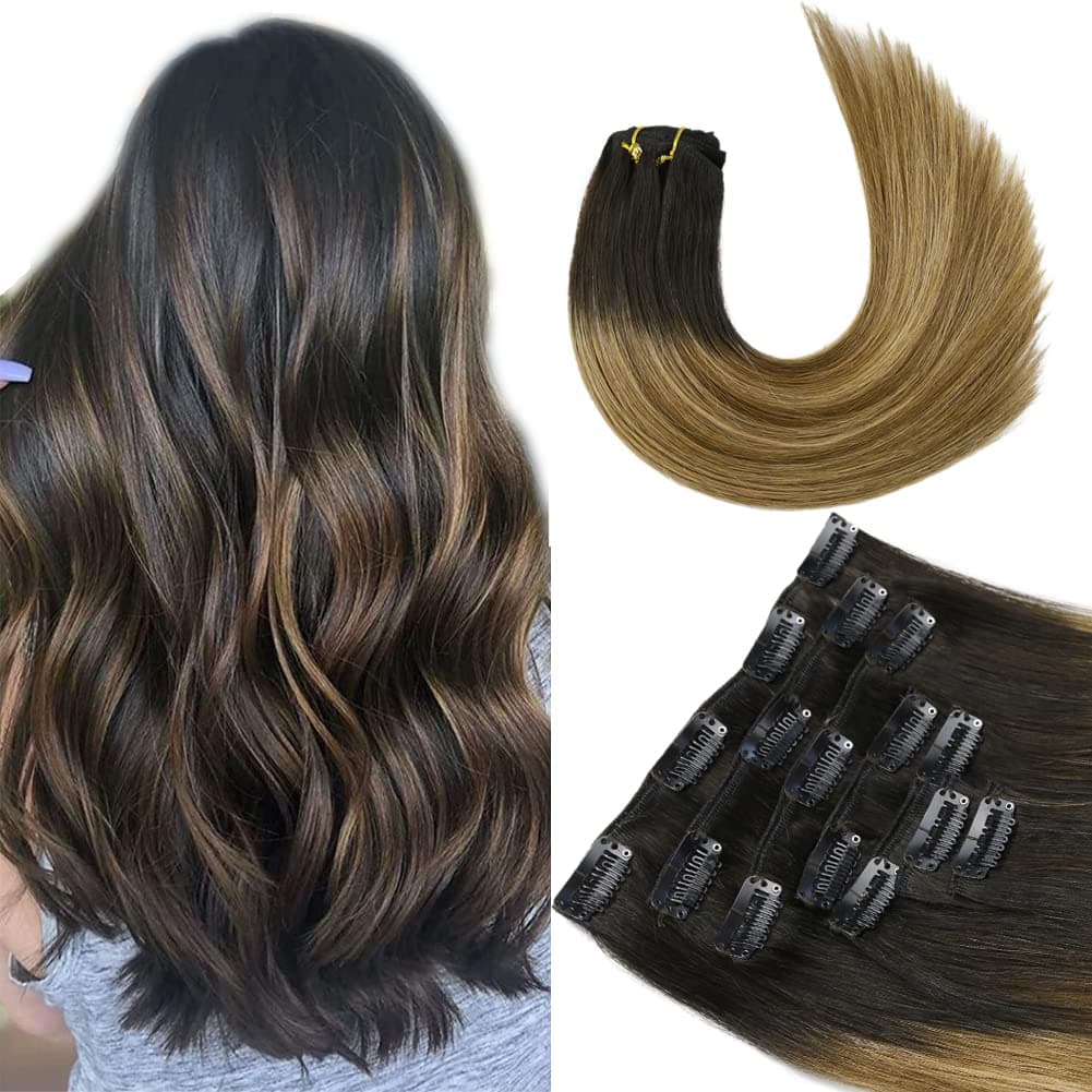 Natacee Clip in Hair Extensions Real Human Hair Weft Ombre Natural Black to Chestnut Brown Balayage caramel blonde Hair Straight 7pcs 100g 16 inch Clip-in Remy Hair Extensions