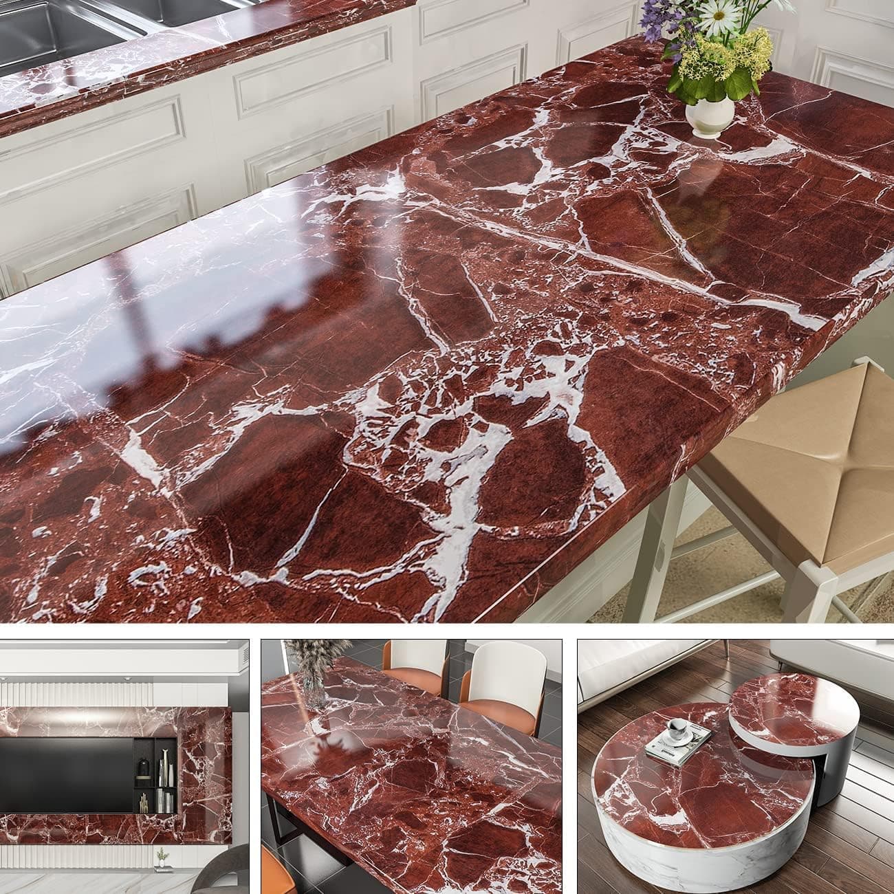 AbaBoorty 400"x15.8" Dark Cherry Red Marble Wallpaper for Countertops Waterproof Faux Granite Contact Paper Covers Counter Top Self Adhesive Vinyl Wall Paper for Decor Bathroom Counters Vanity Desk