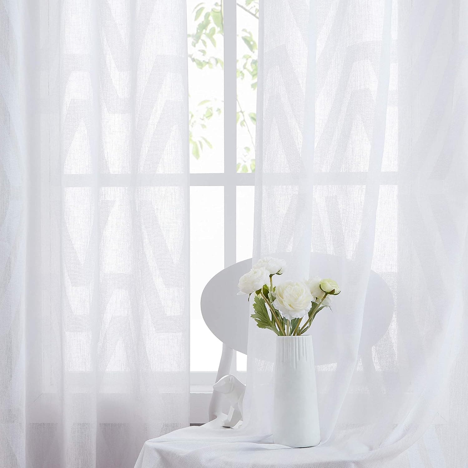 Central Park White Sheer Window Curtain Panel Geometric Jacquard Design for Rustic Living Room/Bedroom Linen Drape Treatment Farmhouse Curtain with Grommets Top 50"x 63"x2, 2 Panels