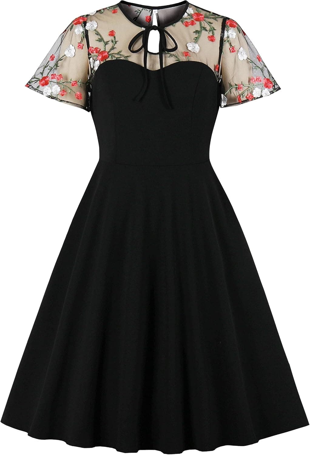 Wellwits Women's Polka Dots Embroidery Keyhole Tie Vintage Cocktail Dress