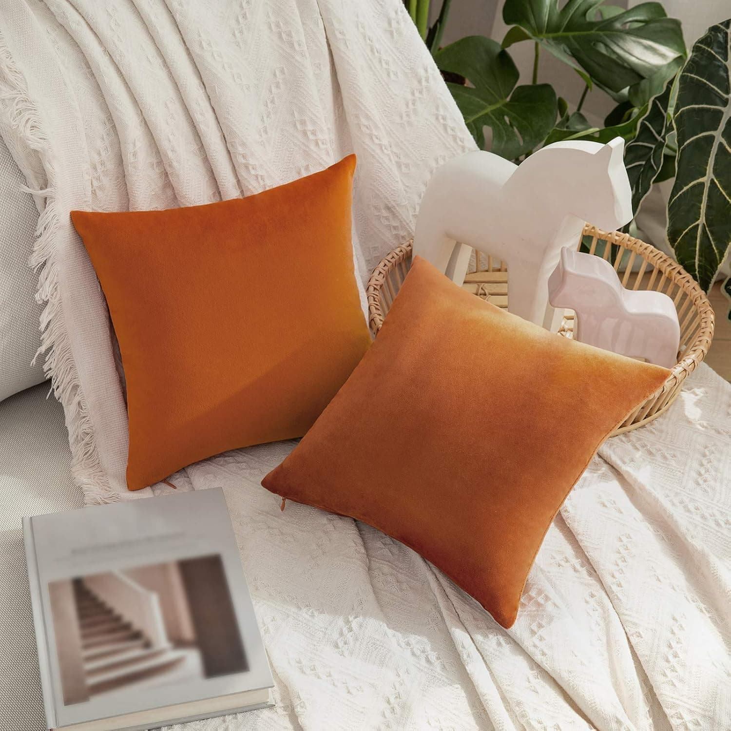 MIULEE Pack of 2 Velvet Pillow Covers Fall Autumn Decorative Square Pillowcase Soft Solid Cushion Case for Sofa Bedroom Car 14 x 14 Inch Orange