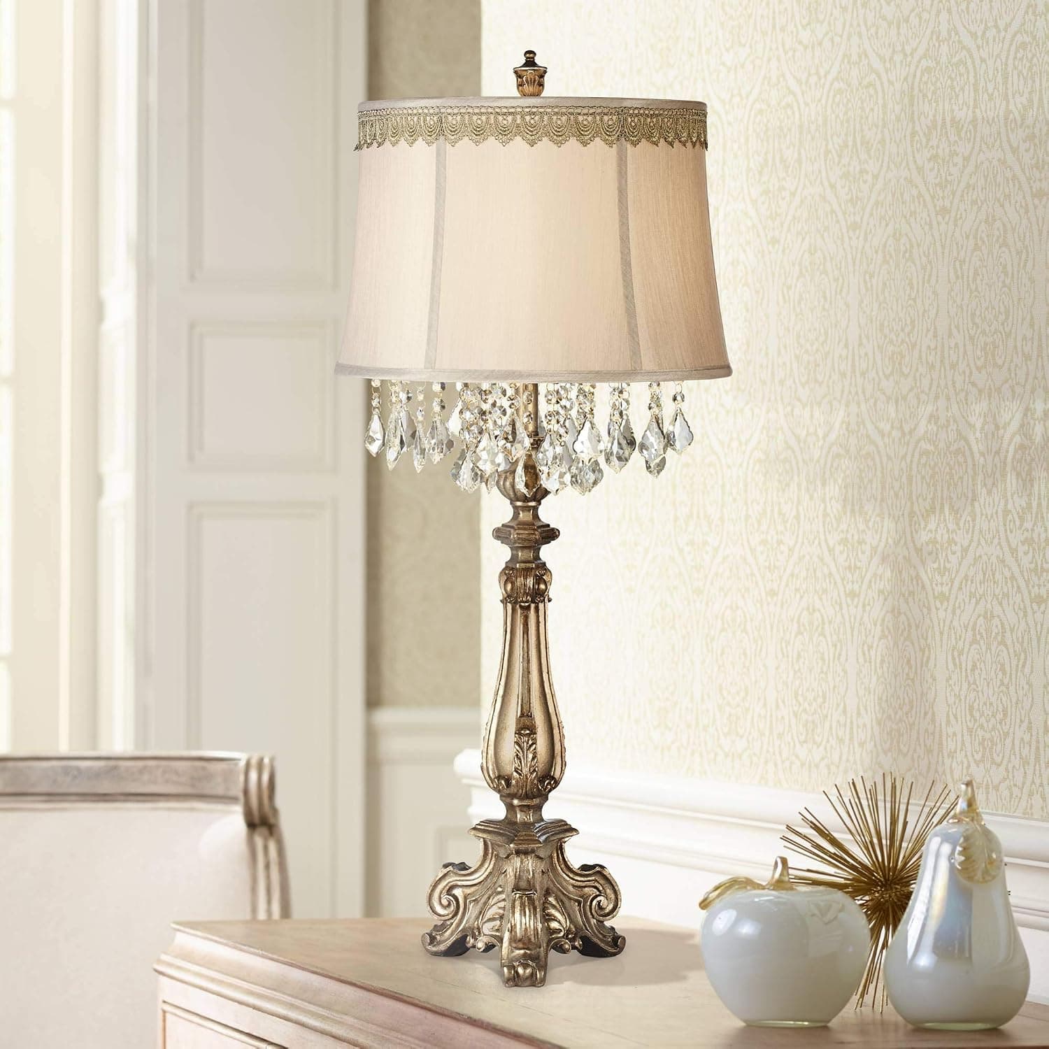 Dubois Traditional Console Table Lamp Antique Gold Crystal Scallop Lace Trim Shade for Living Room Family Bedroom Bedside - Barnes and Ivy