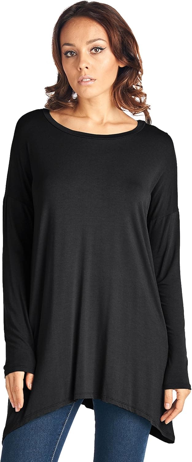 LeggingsQueen Women's Long Sleeve Basic Asymmetrical Tunic Dress (Black, X-Large)