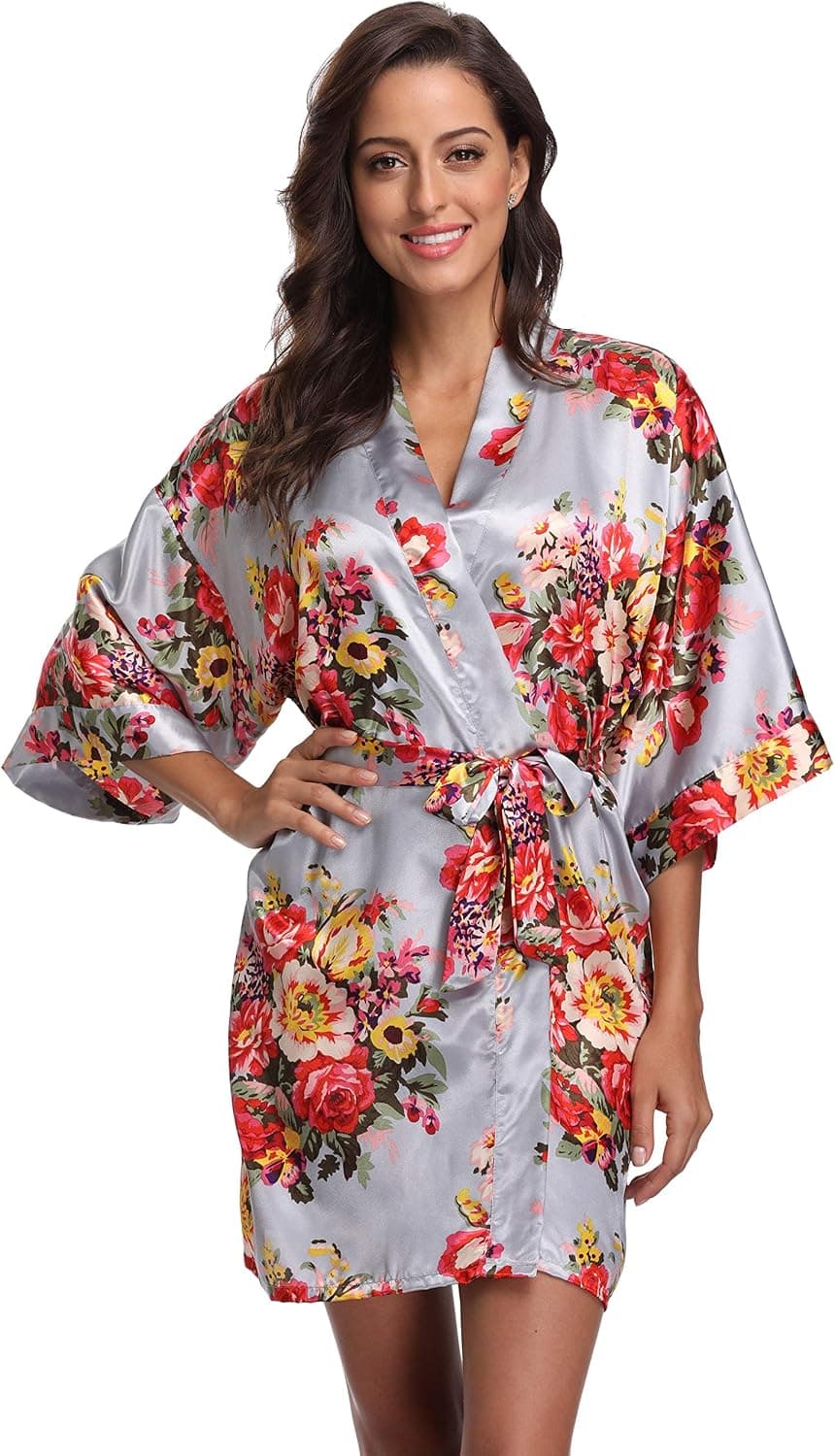 CostumeDeals Floral Robes for Women Bride Bridesmaid Short Kimono Robe Satin Dressing Gown for Wedding Party