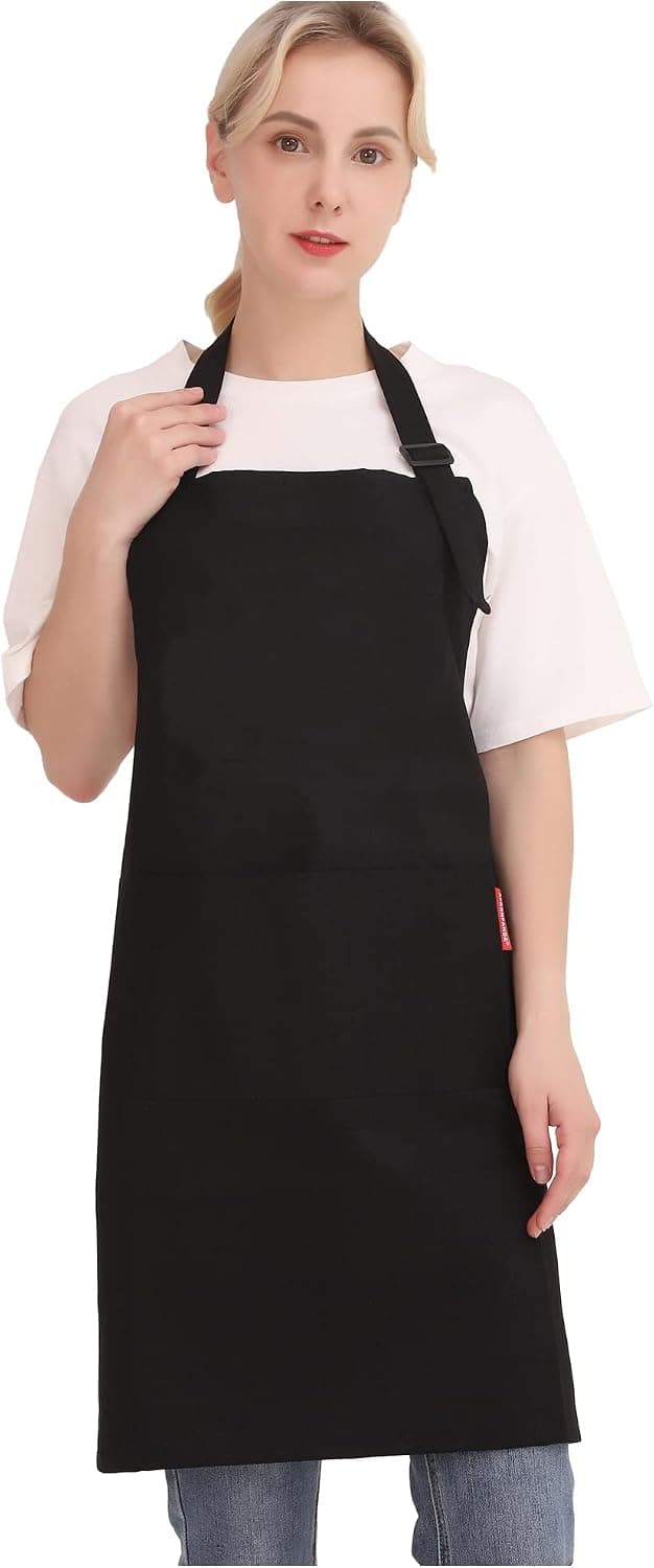 APRONPANDA Professional Adjustable Black 100% Cotton Apron with 2 Pockets Chef Cooking Kitchen Aprons for Women Men