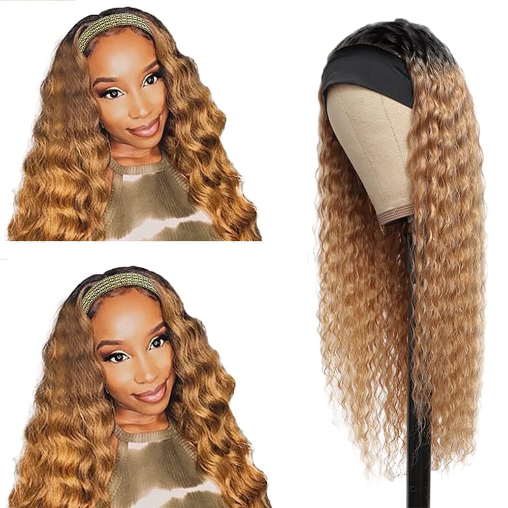 22 Inch Ombre Blonde Headband Wigs Human Hair Wigs Human Hair Deep Wave Wigs 1B27 Honey Blonde Ombre Wigs Two Tone Human Hair Wig 130% Density Grade 8A Brazilian Remy Human Hair Headband Wigs