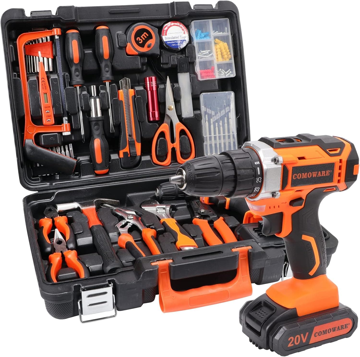 COMOWARE 120 Pcs Home Tool Kit with Drill, 20V Power Drill Cordless Set with 2.0 Ah Li-ion Battery & Charger, 25+1 Clutch, Tool Sets for Homeowners, Household Tool Set for Garden Office Home Repair