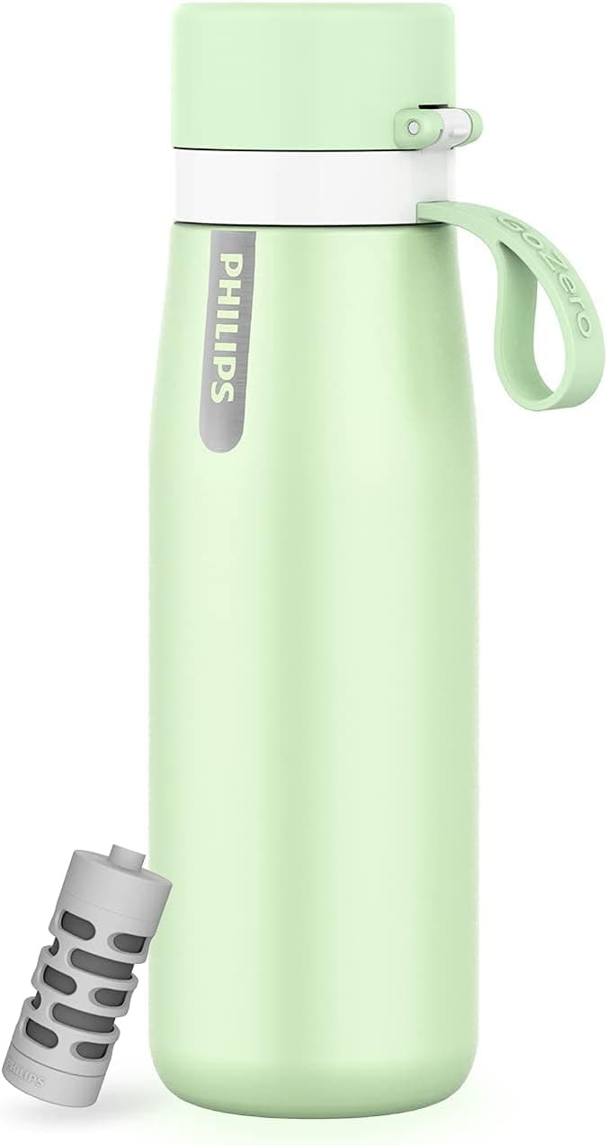 Philips Water GoZero Everyday Insulated Stainless Steel Water Bottle with Philips Everyday Tap Water Filter BPA Free Transform Tap Water into Healthy Tastier Water Keep Drink Hot/Cold, 18.6 oz/32 oz