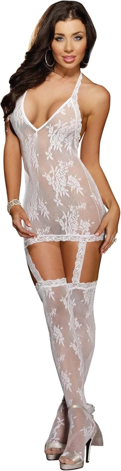 Dreamgirl Women's Florence Halter Dress with Garter and Stockings