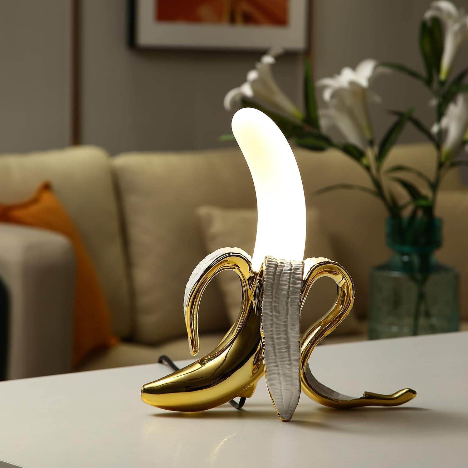 MAYOLA Modern Table Light,Banana Desk Lamp, Plating Resin Banana Lighting Fixture for Living Room, Bedroom, Office, College Dorm (Standing-Plated)