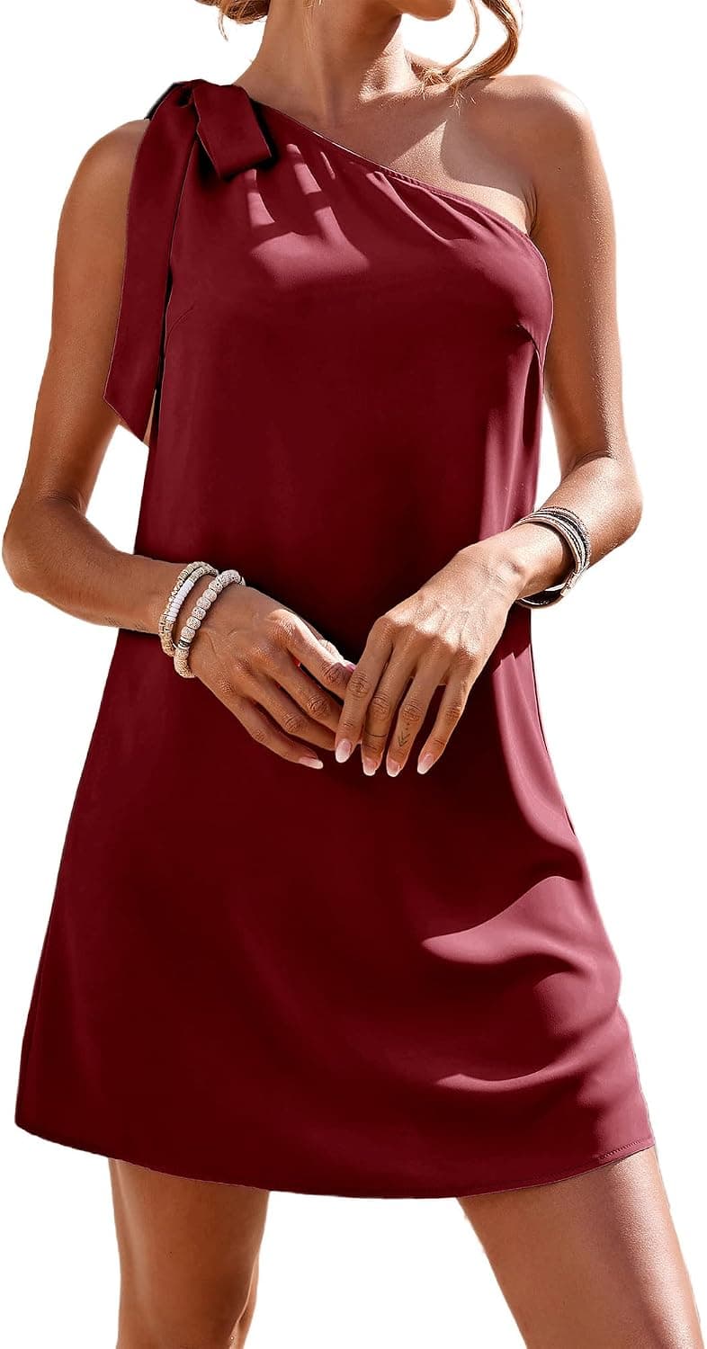 Fesier One Shoulder Dresses for Women Sexy Sleeveless Silk Knot Shift Mini Dress Casual Solid Color Cocktail Party Dress