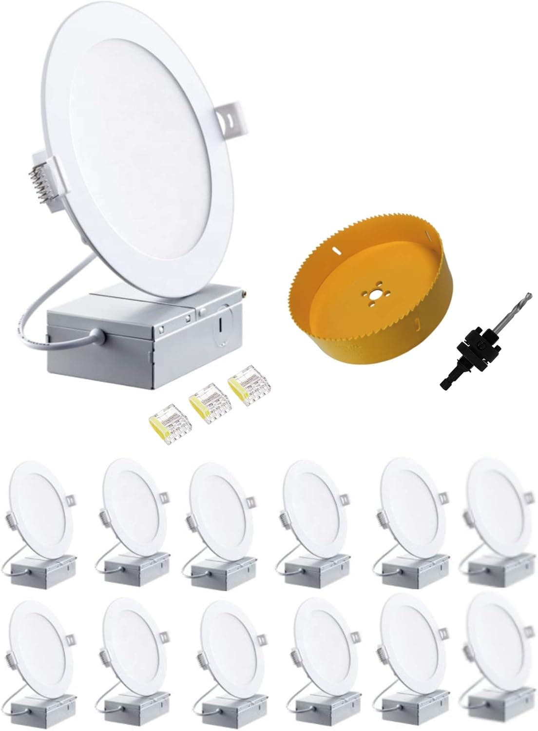 LED Recessed Lighting 6 inch - 5000K 12 Pack Dimmable Light Ultra Thin Ceiling Light with Junction Box 6 inch Bimetal Hole Saw 1050 Lumens