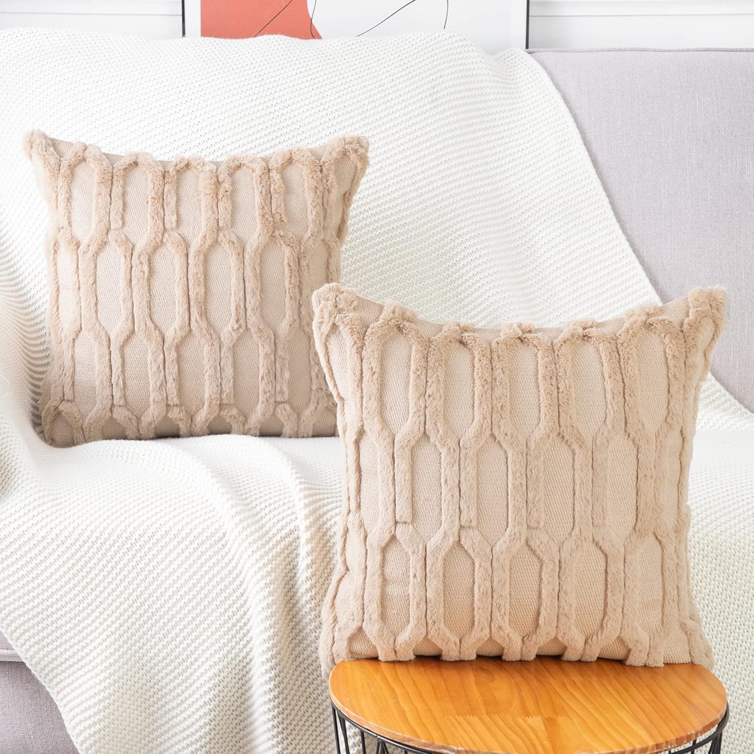 MADIZZ Set of 2 Soft Plush Short Wool Velvet Decorative Throw Pillow Covers 20x20 inch Khaki Square Luxury Style Cushion Case Pillow Shell for Sofa Bedroom